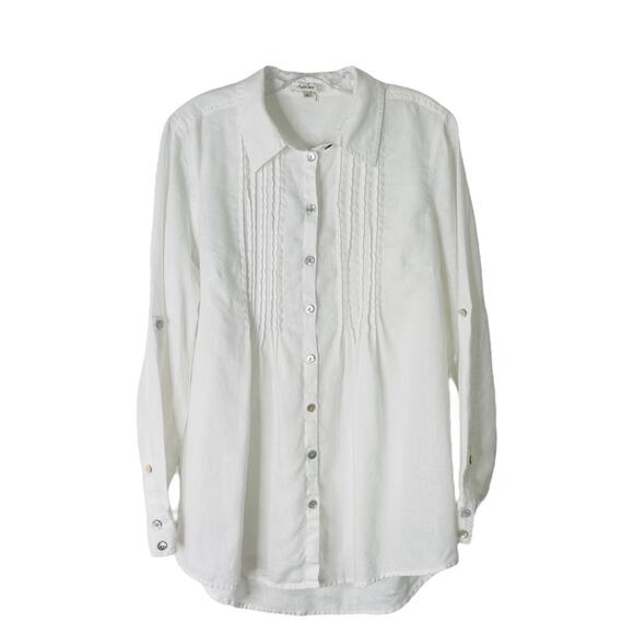 Tyler Boe white linen pleated coastal tunic button front top 10 - Picture 1 of 6